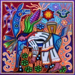 Peinture sur fil "Marakame et le cerf" par Kukame Olegario Orgullo de Mexico