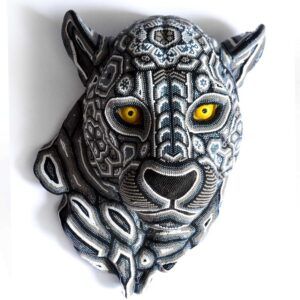 Impressive Panther Head in Huichol Art: A Mexican Masterpiece