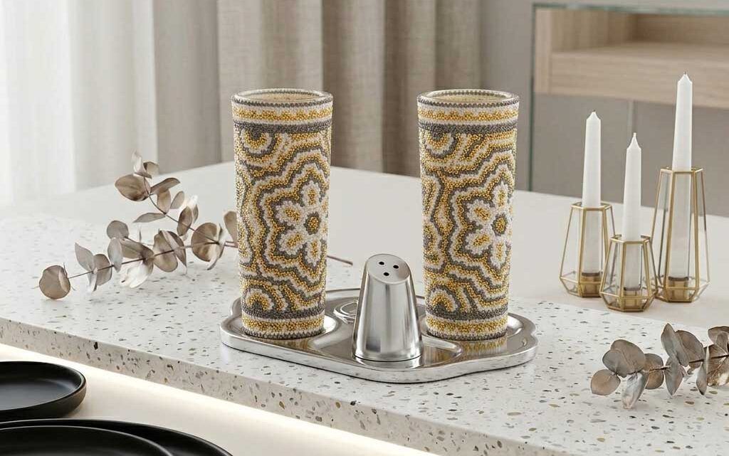 Set of tequila shot glasses with Huichol art