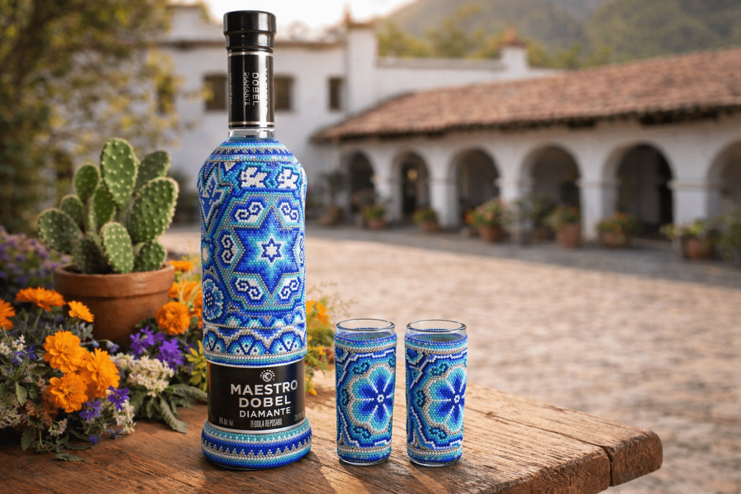 Botella de tequila Maestro Tequilerro con tequileros en arte huichol