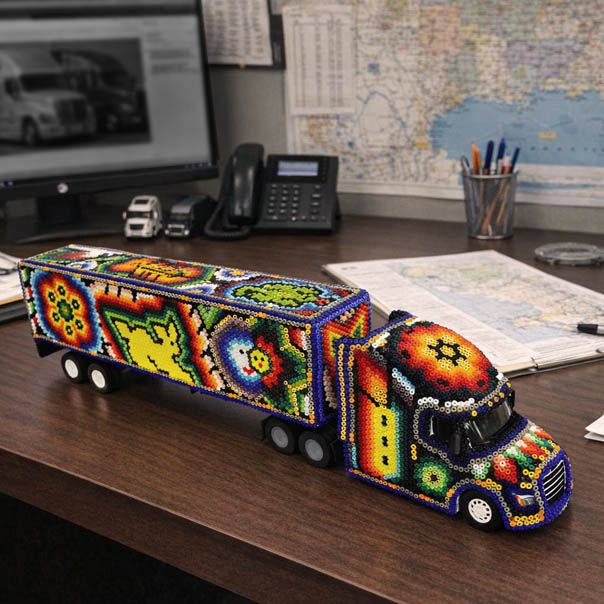 Trailer decorated with Huichol art