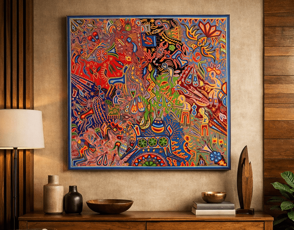 Tabla de estambre en arte huichol, gran formato