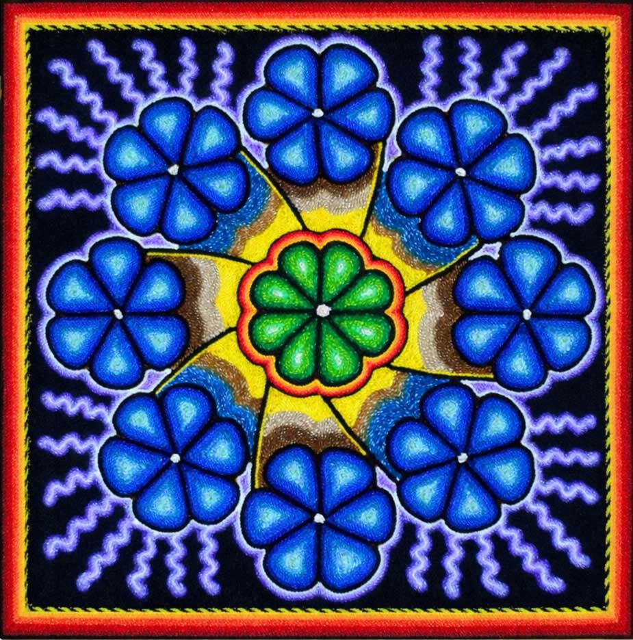Cuadro Huichol Mandala Floral – Arte Wixárika de Colores Vibrantes