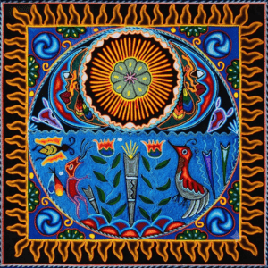 Cuadro de arte huichol con peyote al centro