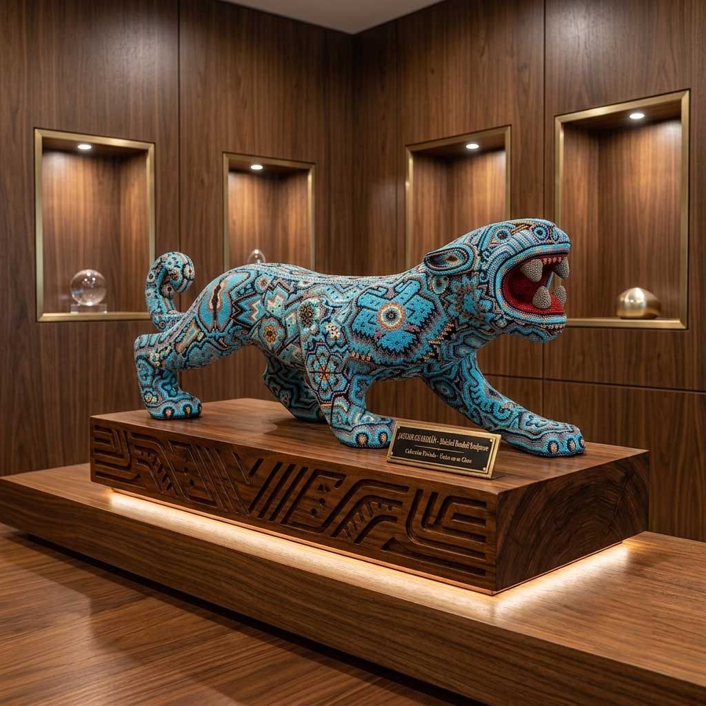 Jaguar especial en tonos turquesa - Arte Huichol