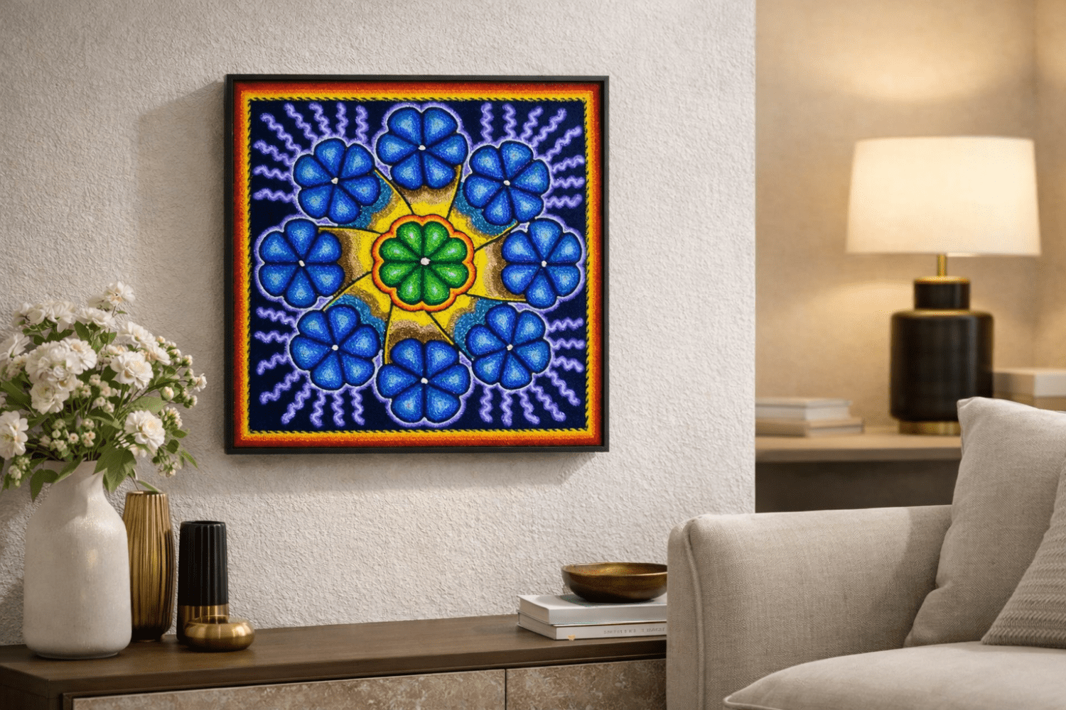Cuadro Huichol Peyote Mandala – Arte Wixárika de Colores Vibrantes