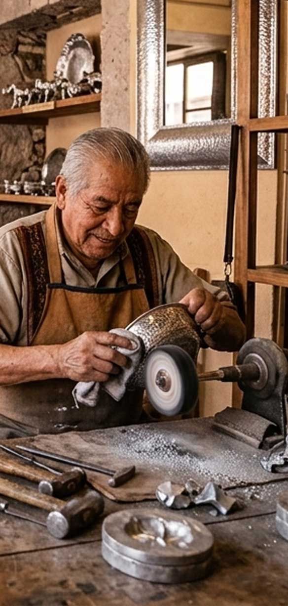 Recorte de artesano puliendo piezas de pewter